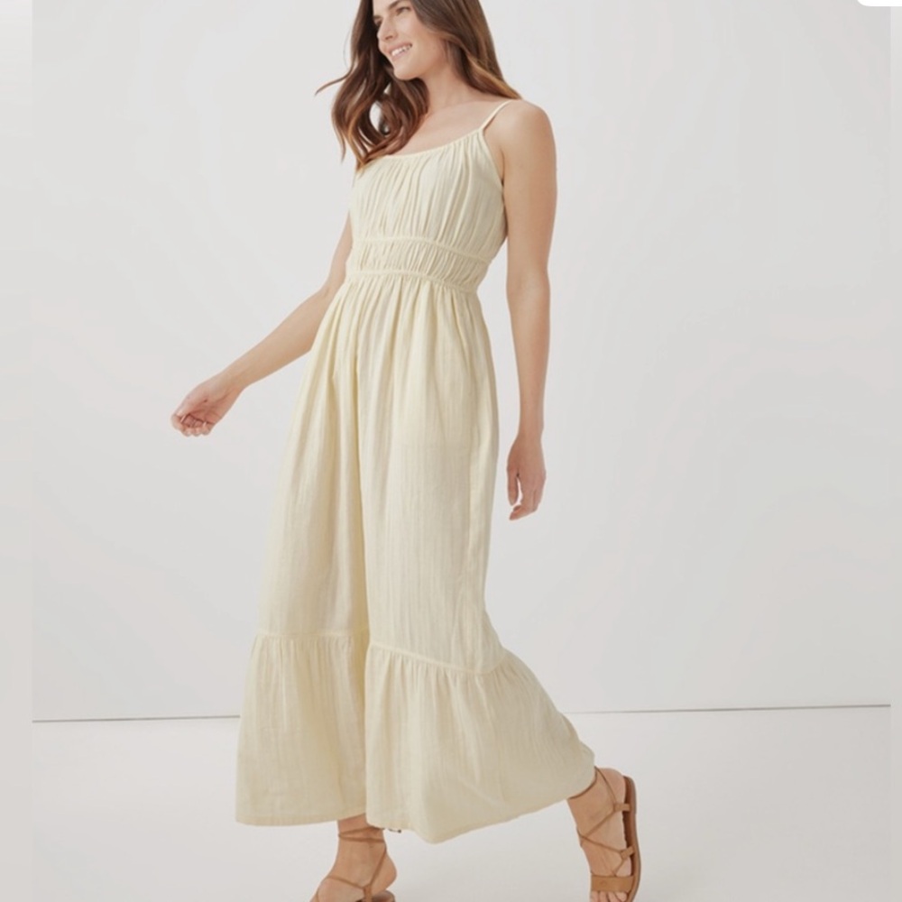 NEW PACT Coastal Gauze Dress Organic Cotton Cami Maxi Dress Butter Yellow M